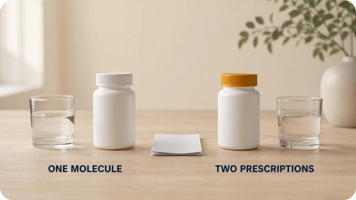 Two identical unbranded pill bottles side by side with small glasses of water and a blank folded prescription slip